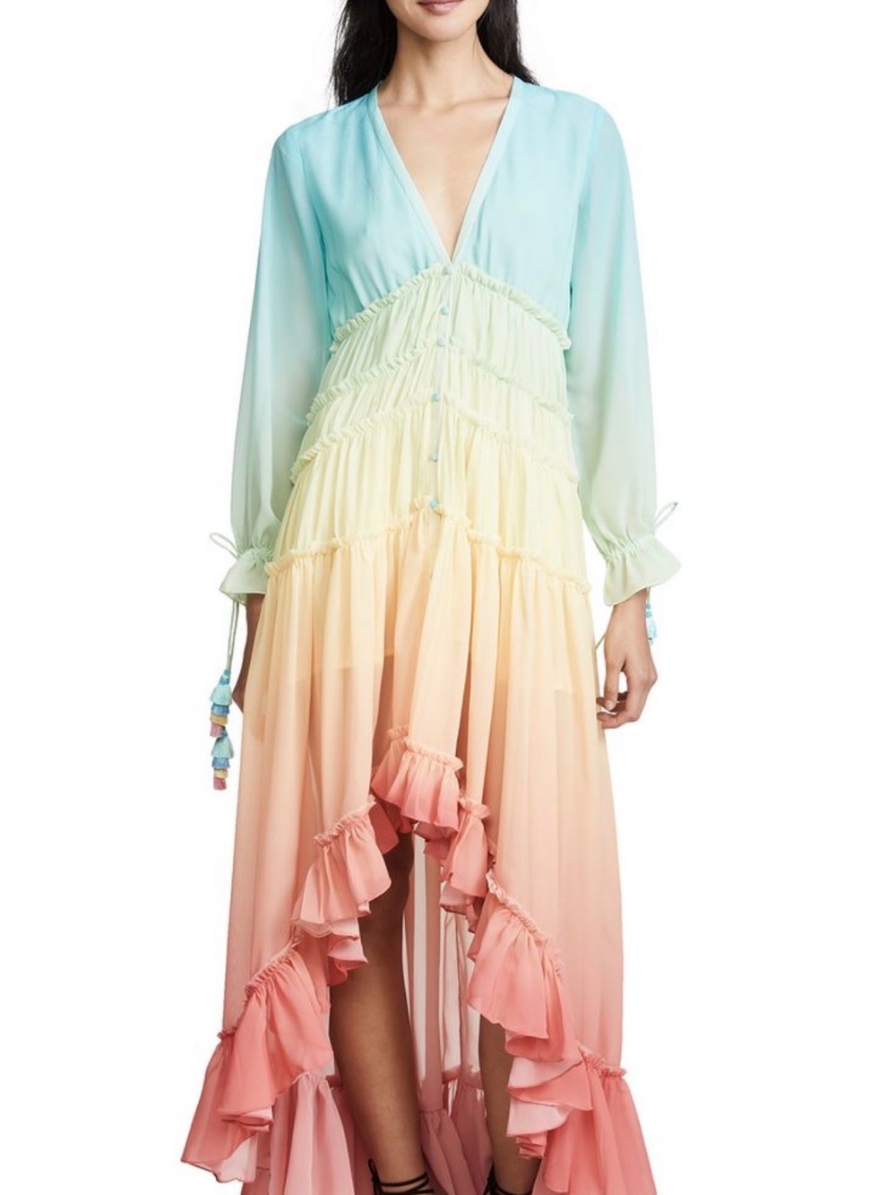 Rococo Sand Rainbow Ombre Ruffle Maxi Dress Cover Up M